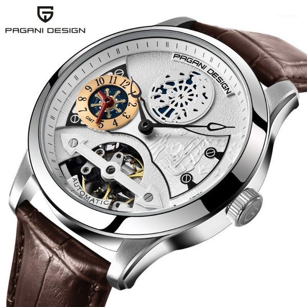 

pagani design men watches tourbillon mechanical waterproof leather skeleton automatic watch voyager series1, Slivery;brown