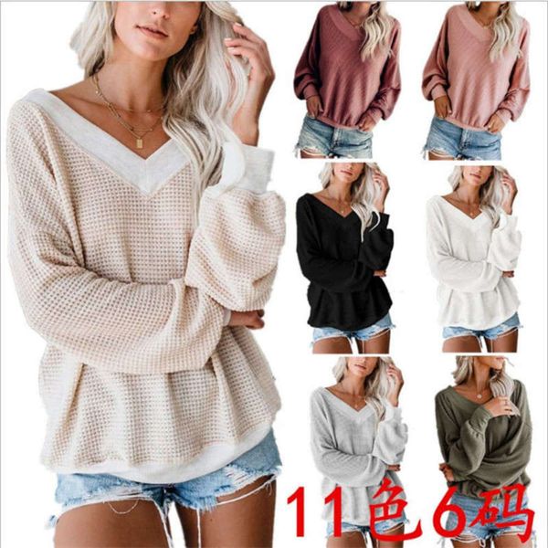 

loose fall 2019 new waffle v-neck long sleeve t-shirt, Black;gray