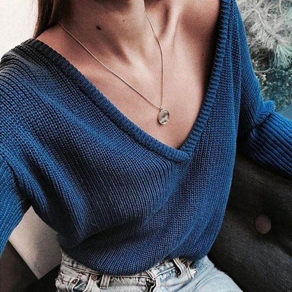 

fashion autumn winter women solid color knitted sweater deep v neck pullover long sleeve, White;black