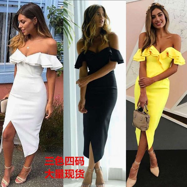 

double hem one ruffle shoulder hip front split dress, Black;gray