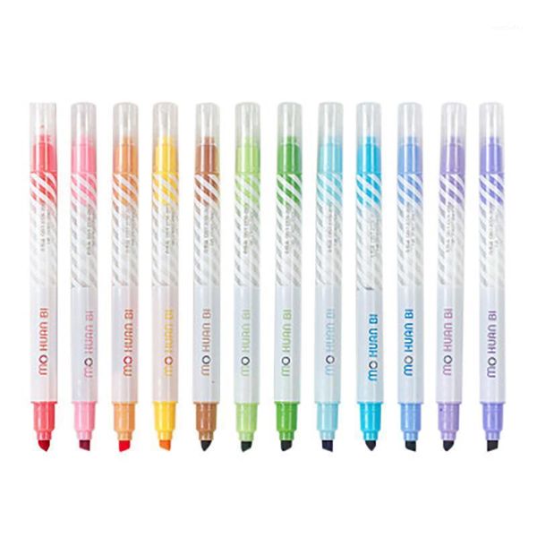 

highlighters 12pcs/set cute color highlighter double-ended diy drawing mark pen office school supplies stationery double headed art bookmark, Black;red