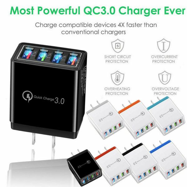 

new 2021 qc3.0 color 4usb quick charge mobile phone charger 3a tablet travel charger charging head us