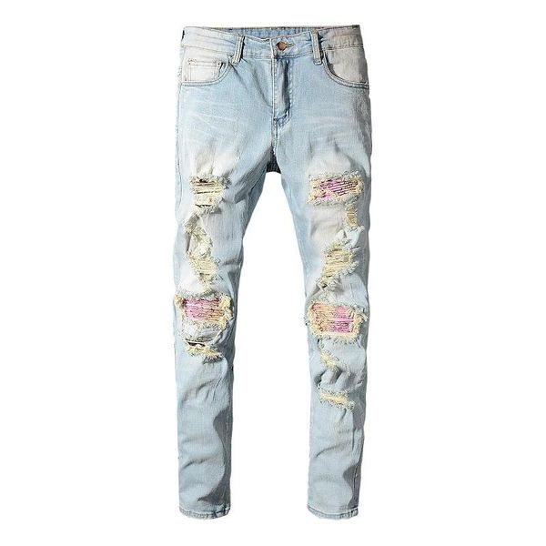 

light blue skinny jeans men patchwork bandanna paisley printed biker jeans holes ripped skinny stretch denim pants trousers