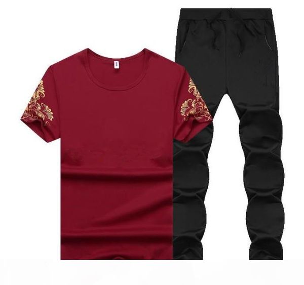 

summer men sport tracksuit printed slim cool short sleeves t-shirt with joggers pants casual suit, Gray