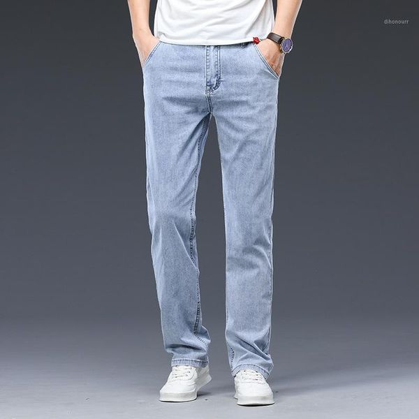 

men's jeans 2021 summer autumn men thin business smart casual stretch loose denim pants blue gray trousers male brand large size1