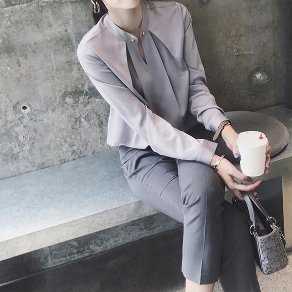 

full sleeve o neck elegant 2 pieces set women blouses shirt amp; pencil pants autumn office ladies suit fashion women set, Gray
