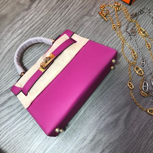 

handmade quality luxury bag 19.5cm fuchsia color epsom leather mini purse wax thread gold and silver hardware many colors fast delivery
