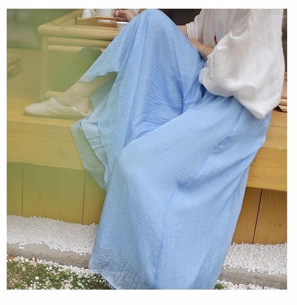 

vintage art loose cotton linen elastic waist wide leg pants1, Black;white