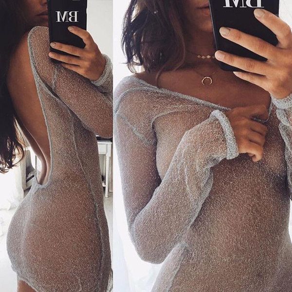 

summer autumn women backless blink see-through mini dress long sleeve sequins party evening clubwear dresses vestido1, White;black