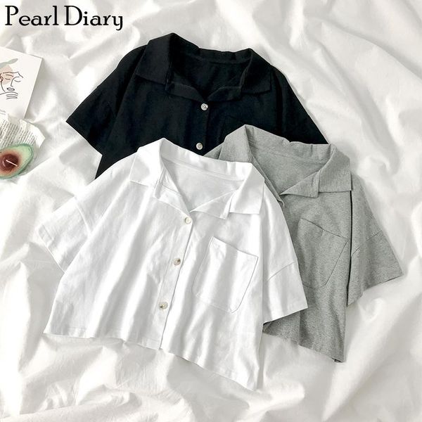 

women's polos pearl diary women knit cropped shirts female button front short summer streetwear casual pocket plus size shirt, White