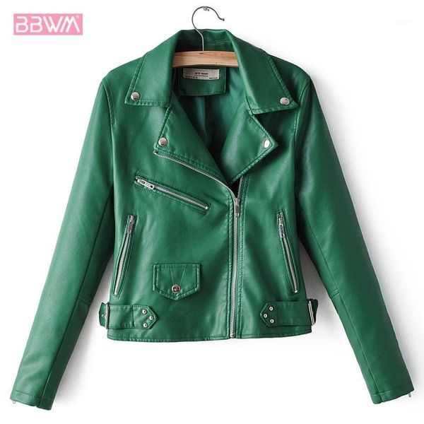 

pu lapel long sleeve motorcycle zipper windproof women's jacket 2019 autumn new korean version wild chic female coat green black1, Black;brown