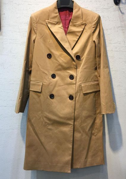 

woman khaki long trench coat double breasted flap pockets long sleeves flap pockets back slit1, Tan;black