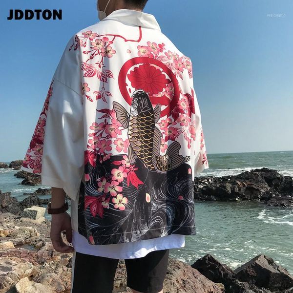 

jddton men's summer janpan kimono cardigan long carp print floral casual jackets traditional jpanese clothing streetwear je0871, Black;brown