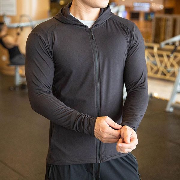 

running jackets autumn thin jacket hooded men sport fitness gym outdoor quick dry stretch hood coat cycling sportswear male, Black;red