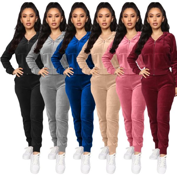 

women's tracksuits 2021 spring and autumn casual fashion velvet hooded zipper sweater two-piece elastic waist trousers fall clothes for, Gray