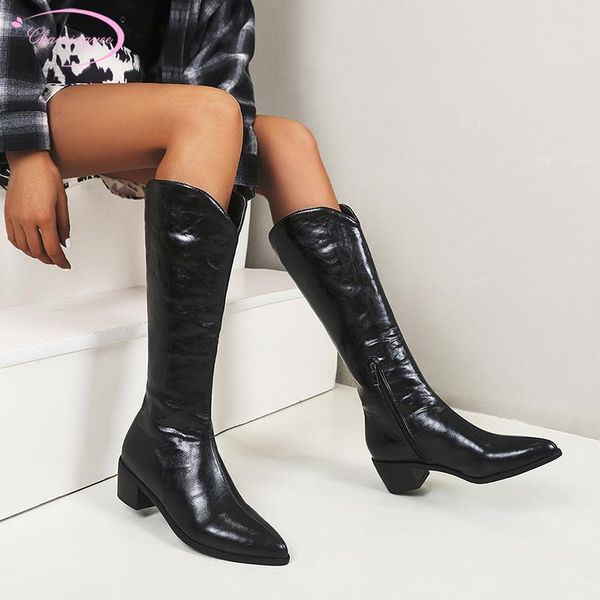 

boots casual style pointed toe knee high fashion zipper black white medium heel chunky riding women's shoes big size