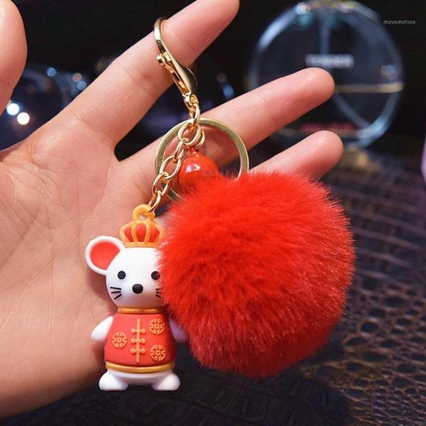 

year of the rat lucky mouse key chain for women faux fur ball fluffy pompon fur keychain trinket charm new year gifts1, Silver