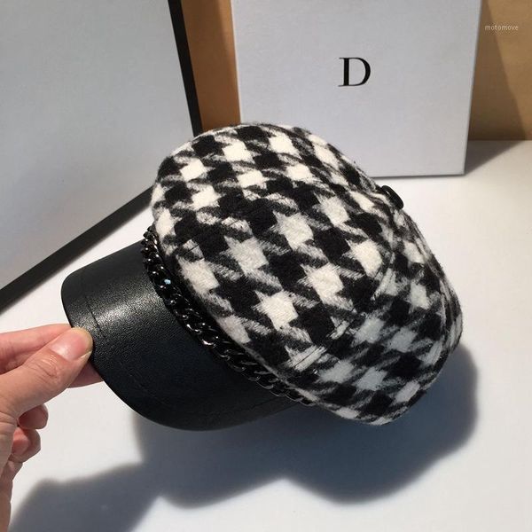 

stingy brim hats fibonacci octagonal hat women winter chain houndstooth cap british france retro fashion sboy leather female beret1, Blue;gray