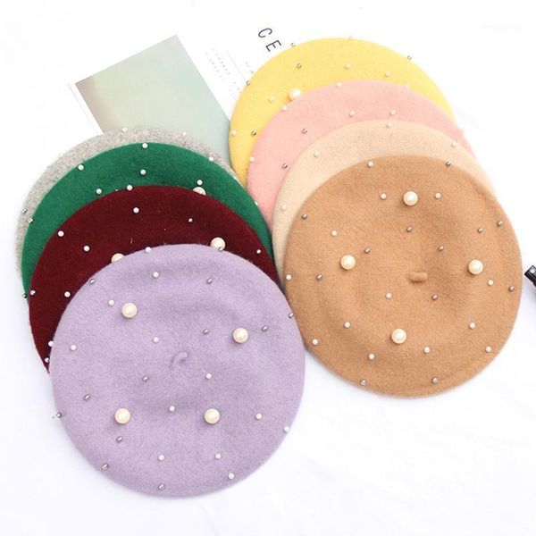 

wool women winter luxury pearl rivet vintage cashmere female warm beret hats girls flat cap beret for women1, Blue;gray