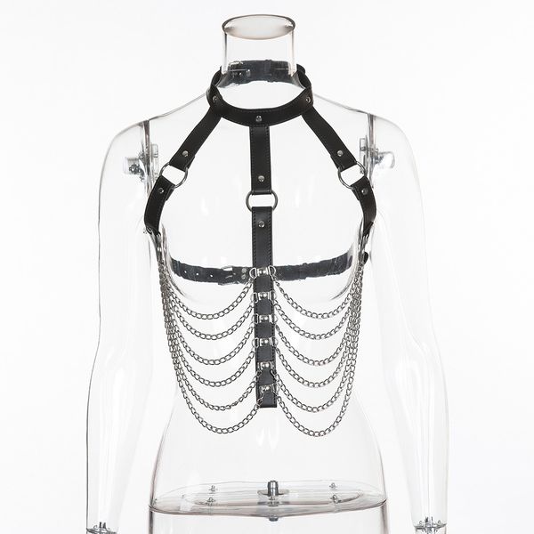 

2021 new european station nightclub pu leather couture hollow metal chain u4fv, White