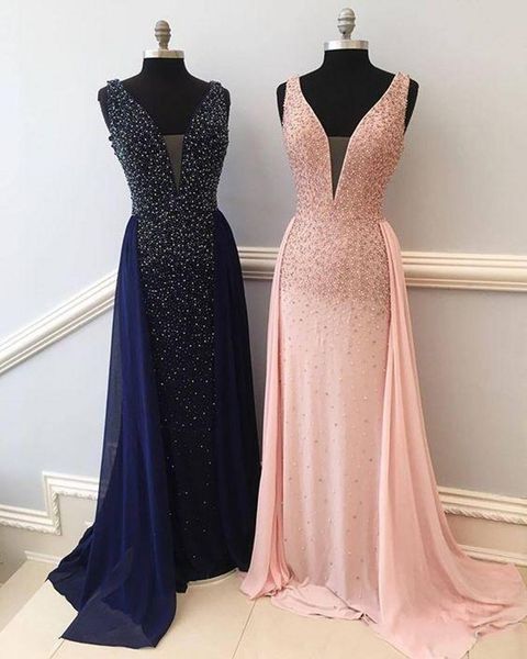 Blush Navy Blue Pink Pailled Perlen Mermaid Abendkleid mit abnehmbarem Zug gegen Halsscheide Abschlussball Kleider formelle Party -Festzugskleid Es