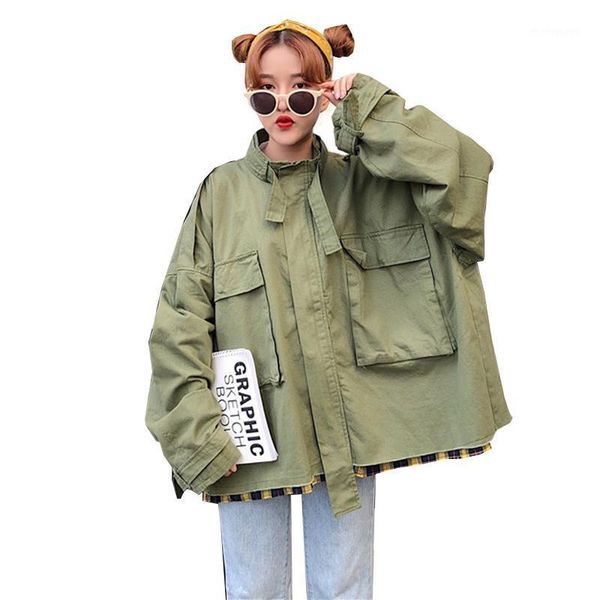 

women's jackets women harajuku big pockets oversized boyfriend coats korean plus size army green black streetwear ladies jacket clothin, Black;brown