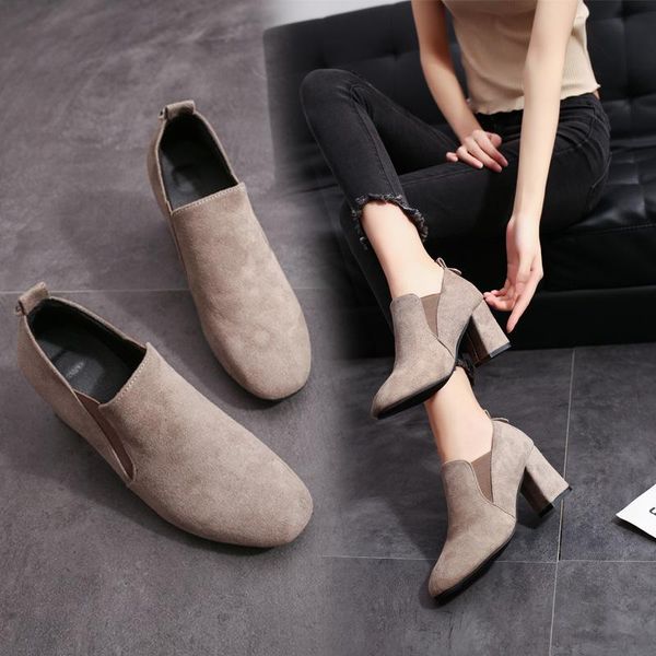 

2020 autumn and winter square toe suede short boots women's thick heel set foot women's boots casual nude q11-67, Black