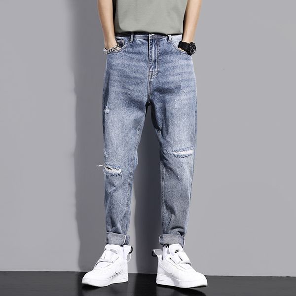 

2021 new japanese style fashion men jeans retro blue wide leg harem trousers streetwear vintage designer straight long pants ob