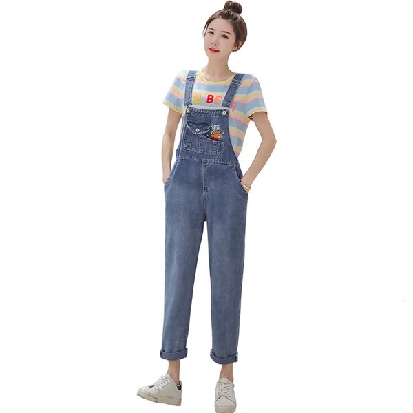 

2021 harajuku cartoon anime embroidery women fashion jumpsuit college style jeans vintage overalls loose high waist bib pants d1s0, Blue