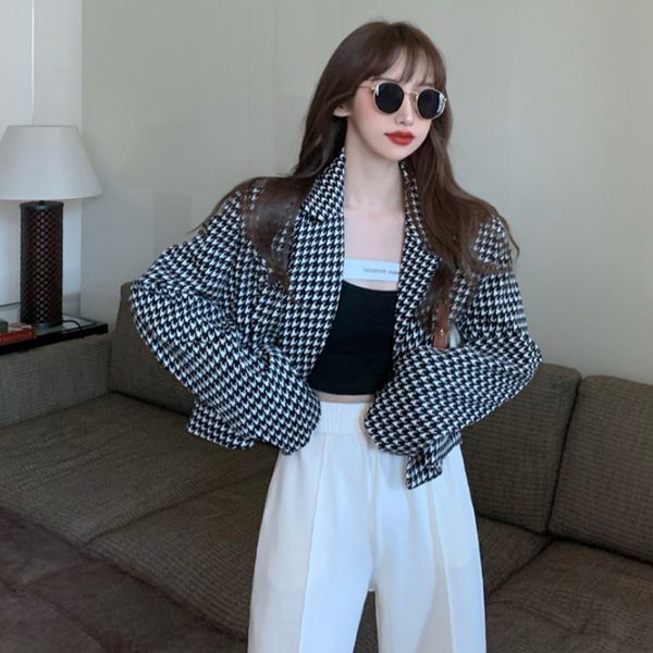 

spring autumn women's coat retro hong kong style houndstooth pattern short suit jacket new loose casual long-sleeved coats ll753 201028, Black;brown