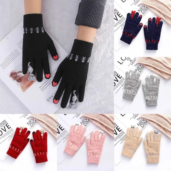 

women screen gloves winter warm stretch knit touch mittens imitation wool full finger guantes crochet thicken cute catto