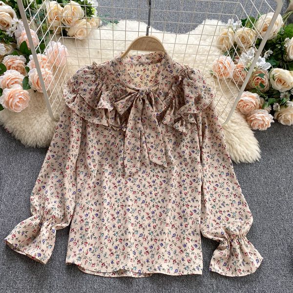 

2021 new floral singiny female blouse sweet design bow collar sleeves autumn blouses boho print loose wu6e, White