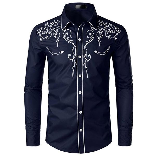 

men's casual shirts stylish western cowboy shirt men brand design embroidery slim fit long sleeve mens wedding party for male 4, White;black