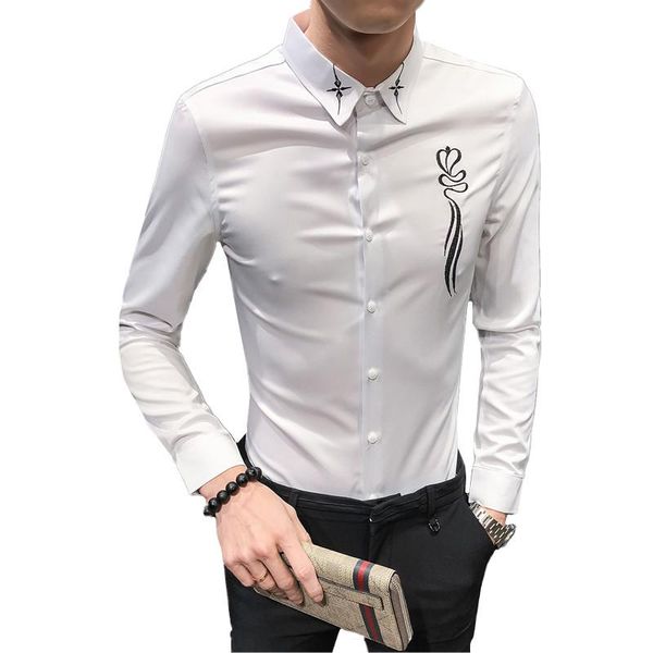

men's casual shirts white embroidered mens shirt business fashion slim men black spring and autumn camisa masculina 3xl, White;black