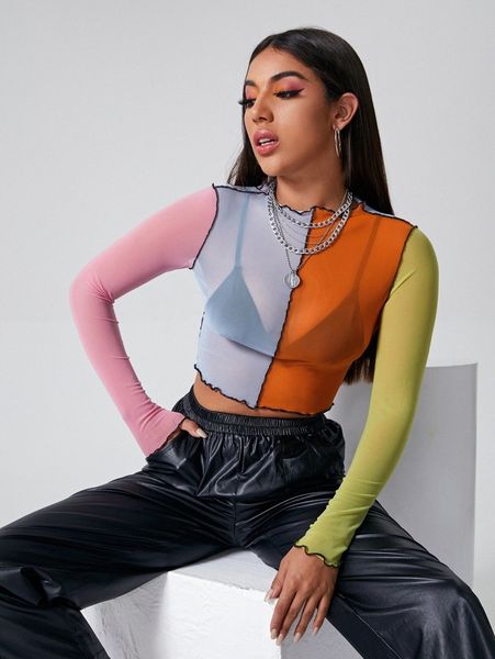 

contrast stitch sheer colorblock mesh crop without bra y8iw#, White