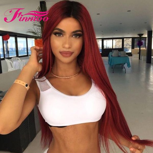 

lace wigs #1b/99j ombre burgundy colored straight part front wig brazilian remy hair for women 180% density transparent, Black;brown
