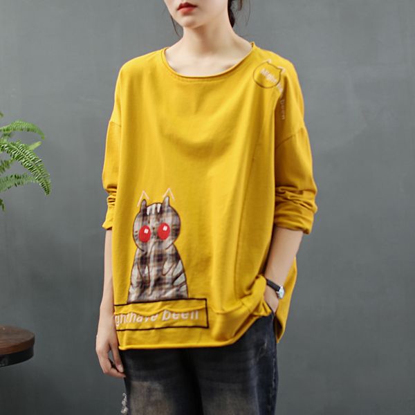 

women's autumn 2020 new cotton hemp cat embroidery five color pullover pulloverpulloverone size pullover long sleeve t-shirt 2bnyh 2, White