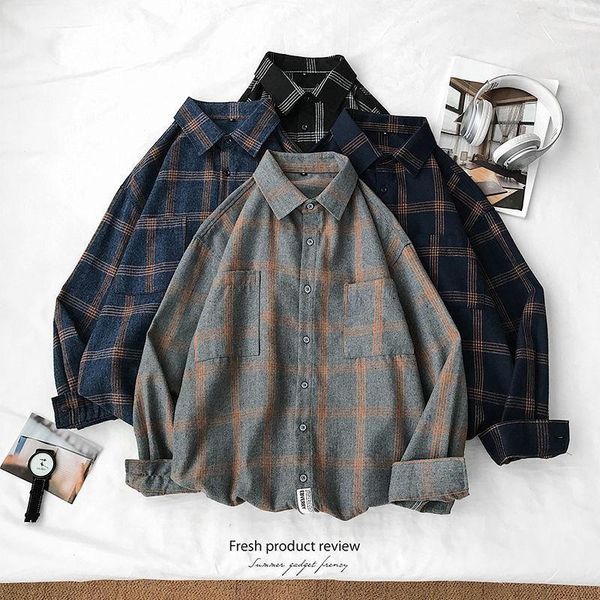 

luck a women shirts long sleeve turn-down collar large size plaid korean style vintage trendy loose students lady all-match chic1, White