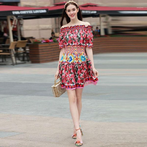 

short dress runway 2020 summer new women's fashion party boho beach vintage elegant chic print dresses1, Black;gray