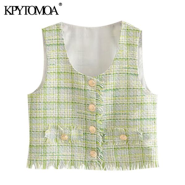

kpytomoa women 2020 sweet fashion frayed tassel tweed plaid waistcoat vintage v neck sleeveless female vest outerwear chic 1023, Black;white