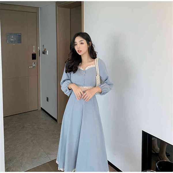 

one-piece korean fashion summer womens elegant french square neck slim solid a-line skirt casual dress mid-length skirt, Black;gray