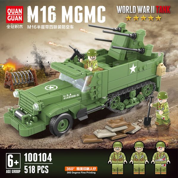 

new 518pcs usa m16 half track vehicle building blocks ww2 military quadruple air defense vehicle soldier weapon parts bricks toy 1008