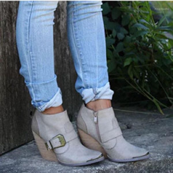 

boots wedges ankle for women autumn winter high heels platform ladies shoes punk buckle strap western female booties big size1, Black