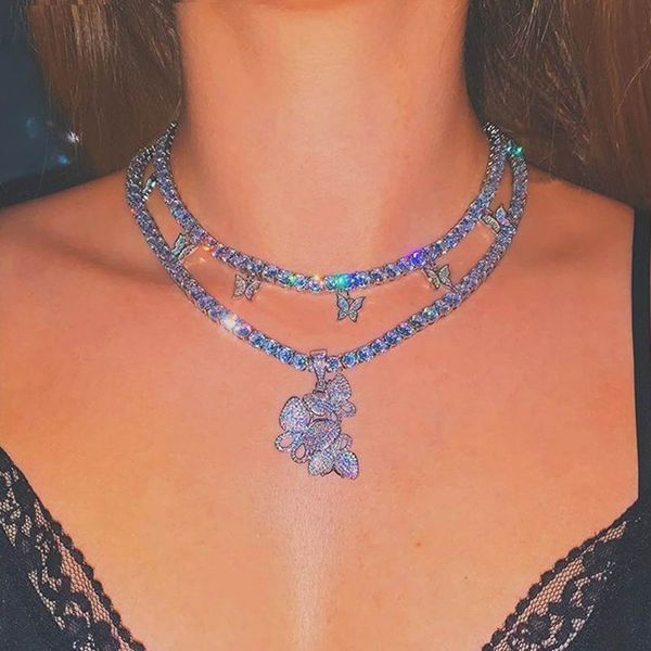 

rock hip hop jewelry luxury pink pinky 5a cz tennis chain butterfly drop charm choker necklace girl women layer jewelry y200730, Silver
