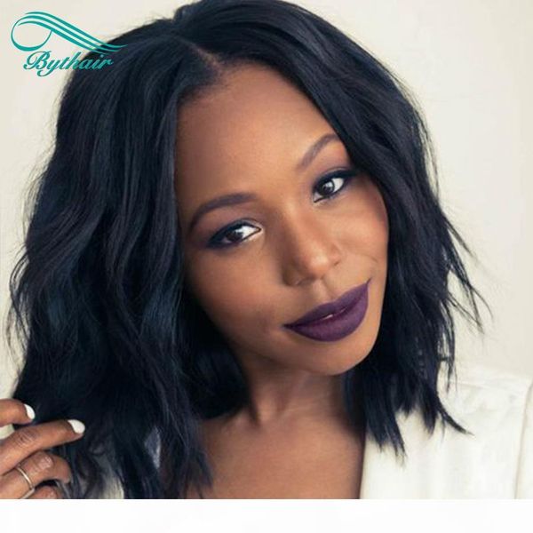 

short bob wavy virgin hair lace front human hair wigs natural wave pre plucked human hair full lace wig with baby hairs bythair, Black;brown