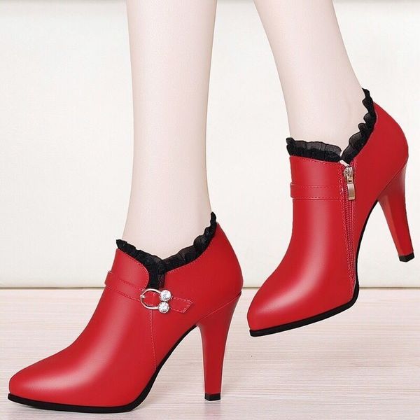 

sole 2020 spring fashion high heels ankle boots women dress shoes lace pointed toe botas mujer rhinestone booties gladiator black red