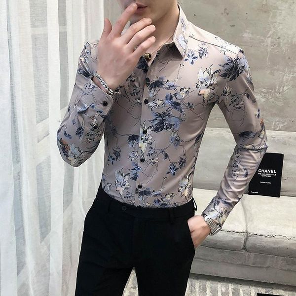 

men's casual shirts british style spring men floral long sleeve simple streetwear slim fit night club prom tuxedo blouse homme 3xl, White;black