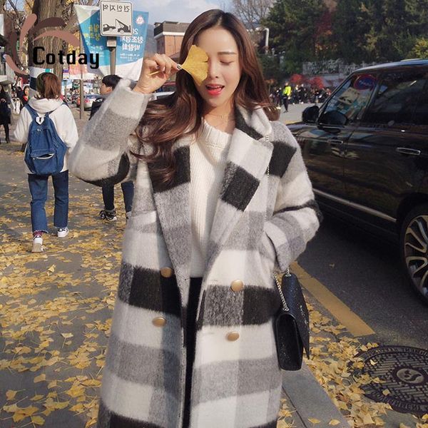 

cotday wool blend thick long double breasted autumn 2021 new winter warm black and white korean style women woolen overcoat