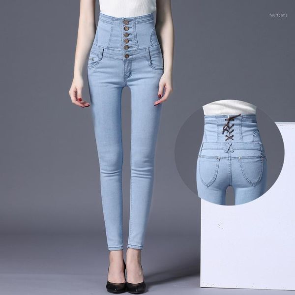 

2020 europe and america spring high waist new jeans women large size corset pencil trousers1, Blue