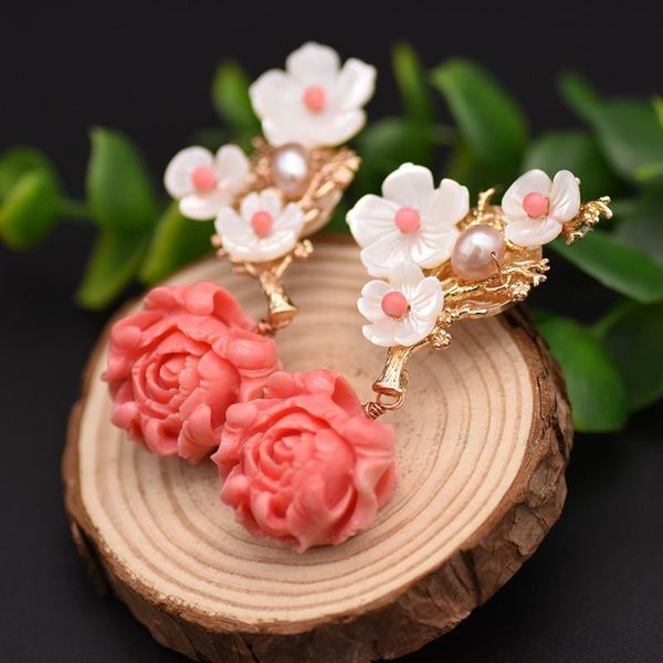 

white fresh water pearl natural stone shell flower dangle earring pink coral drop earrings women girl party gift fashion jewelry, Silver